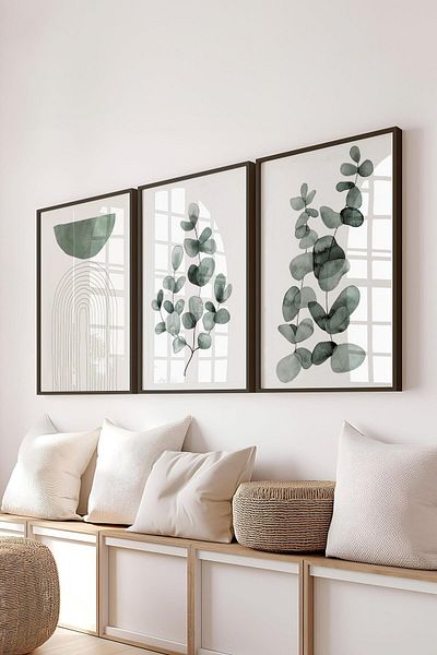 Postifull Black Framed Painting Set, Green Flower and Boho Wall Painting, 3 Poster Set, No:300747