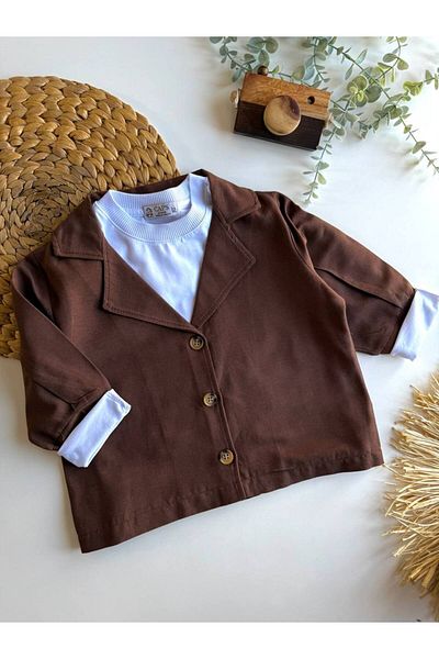 Karan Kids Boy's Brown Linen Trousers Jacket T-Shirt Set of 3