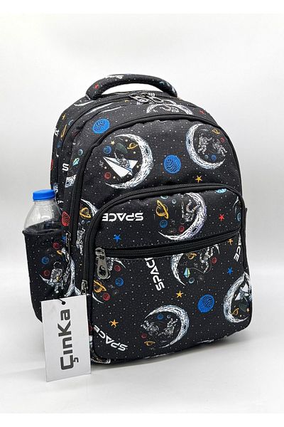 ms mixxstore Rucsac de culoare neagră cu model spațial astronaut cu nutriție din folie și suport pentru stilou