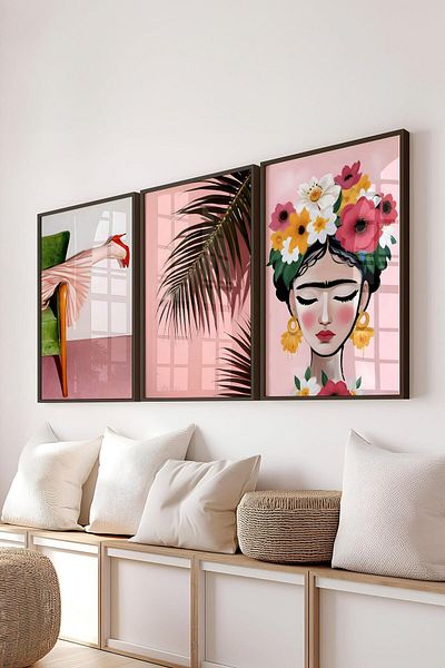 Postifull Set de pictură cu cadru negru, pictură murală maximalistă roz, set de 3 postere, nr:300782