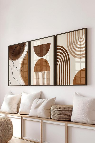 Postifull Set de pictură cu cadru negru, pictură murală maro moale boemă, set de 3 postere, nr:300700