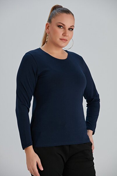 RMG Women's Crew Neck Long Sleeve Plus Size Navy Blue T-Shirt