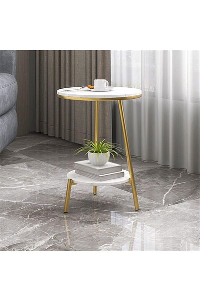 Generic Marble wood side table with gold and white metal - 40 x 55 cm