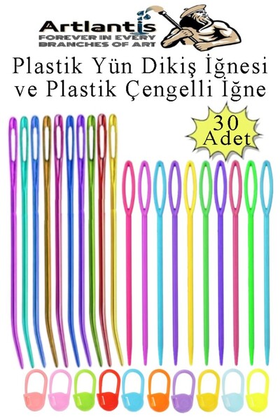 Artlantis Düz ve Kıvrımlı Plastik Yün İğnesi ve Çengelli İğne 30 Adet 1 Paket Plastik Dikiş Dokuma İğne Kavisl