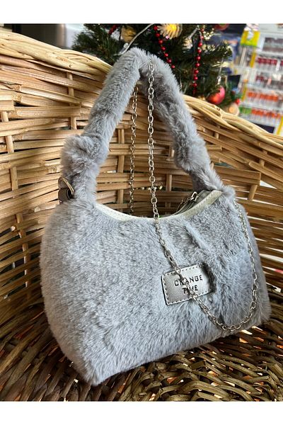 BEE BAGS Geantă de mână și de umăr model Baguette, cu curea pufoasă, de culoare gri, cu blană de pluș