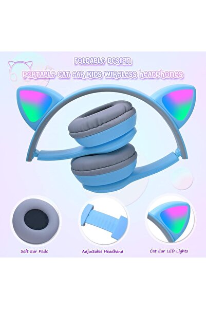 AWH Kids Bluetooth Headphones, Cat Ear LED Light, TF Card/Wired, Foldable for Age 7+ (Blue)