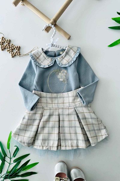 Minigimin Cicileri Baby Blue - Set pentru fete, guler pentru bebeluși și tul brodat cu flori