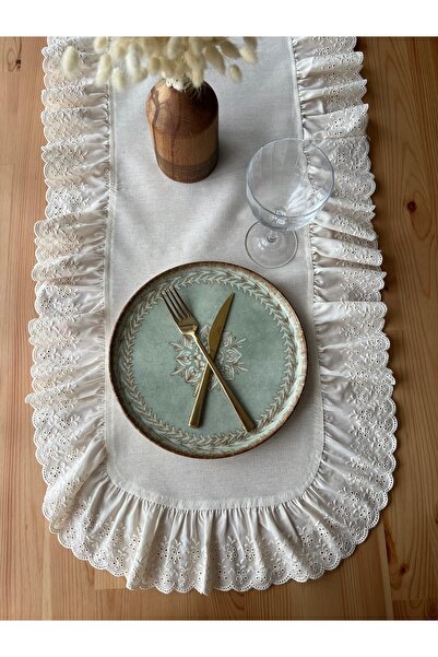 eyma home %100 Pamuk Ham Keten Fisto Fırfırlı Oval Runner (45cm 140 Cm )