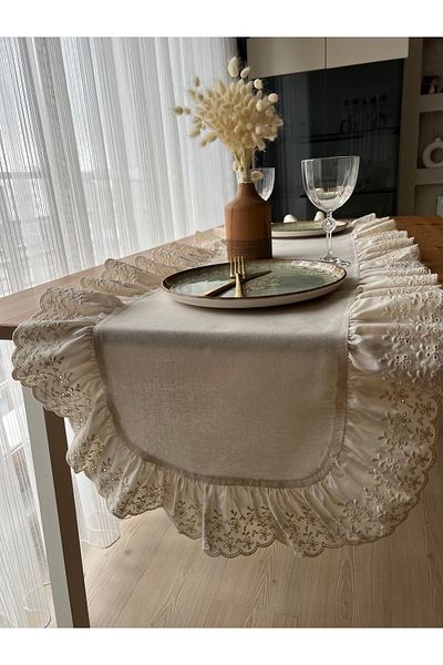eyma home 100% βαμβακερό ακατέργαστο λινό οβάλ δρομέας με βολάν (45cm 140 cm)