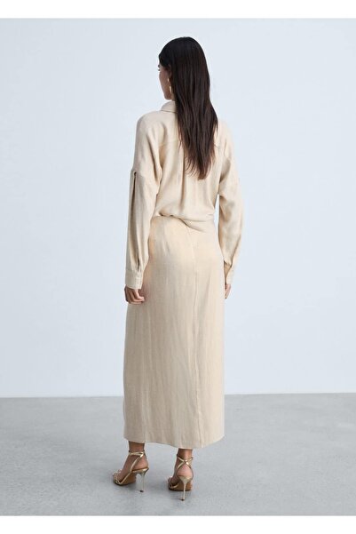 MANGO Woman Keten karışımı dökümlü midi etek