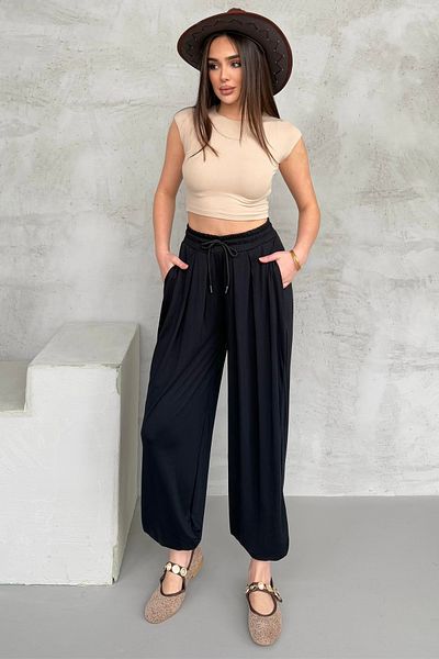 modavingo Pantaloni largi, pliați, din țesătură modal, cu buzunare, negri HMD3503