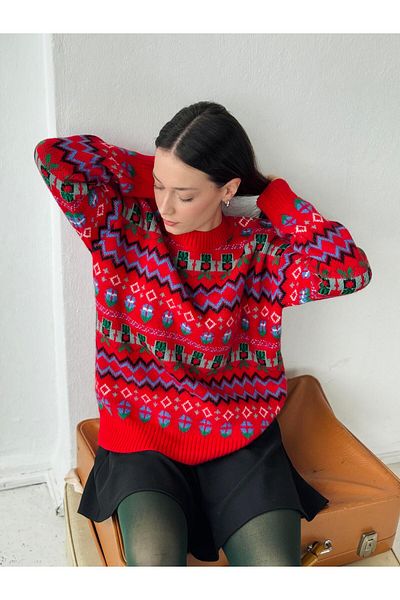 Retrobird Red Women's Knitwear Sweater - Jacquard Vintage Pattern