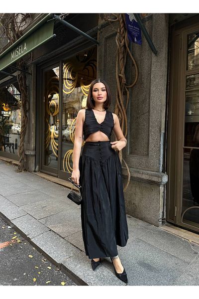 Stil Sepeti Women's Black High Waist Buttoned Flared Hem Bustier Suit Ely- 10078500