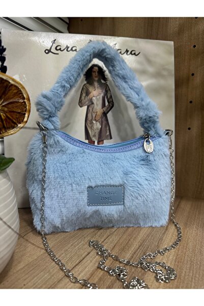 BEE BAGS Geantă de mână și de umăr model Baguette, cu pene de pluș, culoare albastră