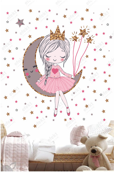 efekt reklam Mega Boy 150 Adet Yıldızlı Ayda Oturan Mutlu Kız Salon Mutfak Ba...