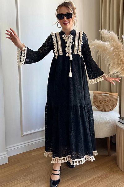 AYASOFYA OTANTIK Women's Black Placket Neckline Sleeve and Hemline Pompom Detailed Lined Long Lace Dress