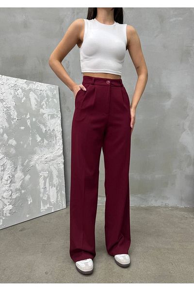 NEW JOURNAL Women's Burgundy High Waist Pleated Plaszo Fabric Trousers Nwj- 1000500018