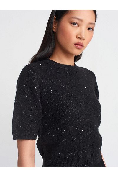Dilvin 10703 Women's Crew Neck Sequin Silvery Soft Gray Short Sleeve Sweater