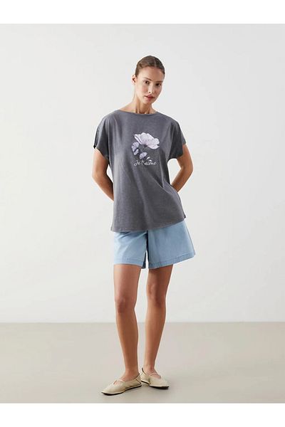 LC Waikiki Lcwaikiki Classic Gray Crew Neck Floral Women's T-Shirt