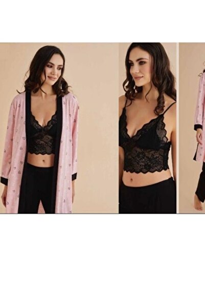 ROZELT Kadın Üçlü Takım Büstiyerli Dantel Detaylı Pijama Takımı