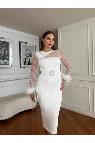 asyadabutik Kadın İKolları Transparan Otrişli Taşlı ve Kemerli İthal Scuba Krep Kumaş Abiye Nişan Nikah Elbisesi