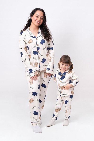 bebicix Double Breasted Lapel Soft Texture 100% Cotton Mother Kids Combination Pajamas Set