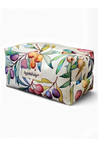 Ayza Stüdyo حقيبة إكسسوارات مكياج كبيرة الحجم بنمط فرع شجرة الزيتون بألوان مائية