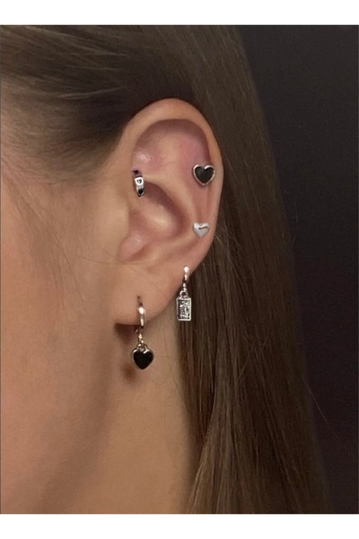 Vintageamer 6'lı Kore Tarzı Siyah Kalpli Çoklu Küpe Seti