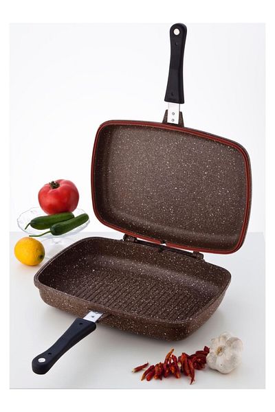 COOKCASE Cast Iron 34cm Granite Double Sided Meat and Fish Pan - Double Grill