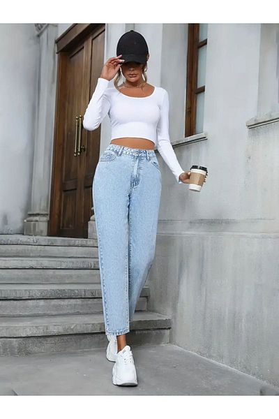 LİMABEL Blugi Mom Lycra cu talie înaltă - Gizem Milano, Lara Jiyan, Julia Neva, Leo Ngbutika, Albastru deschis