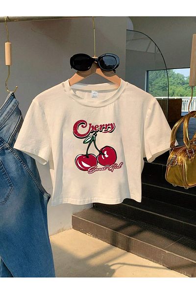Let's Wear Γυναικείο Crop T-shirt Chery Printed Crew Neck