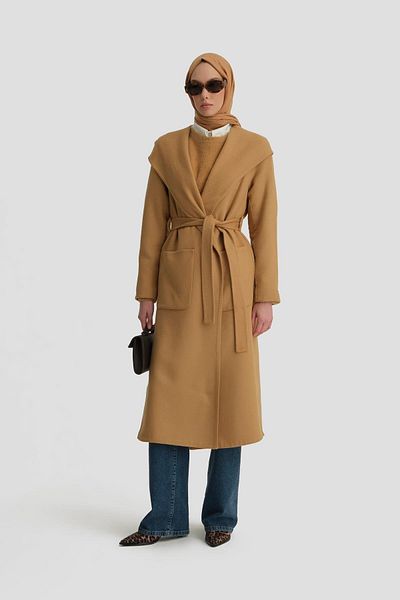 Armine 24K8109 Model Hooded High Cut Coat - Handmade Camel