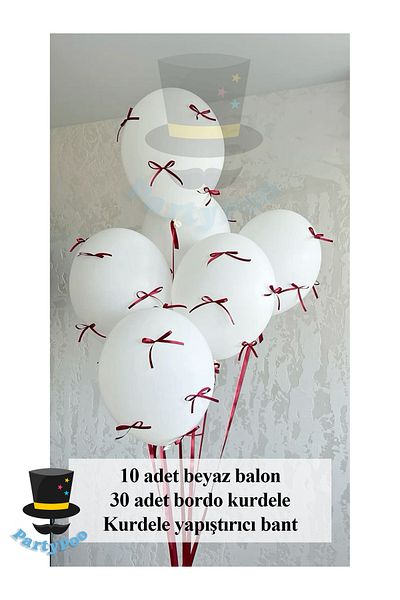 PartyPoo White Balloon Set with Burgundy Bow Ribbon 10-Piece Birthday Set Balloon with Bow, Balloon with Ribbon