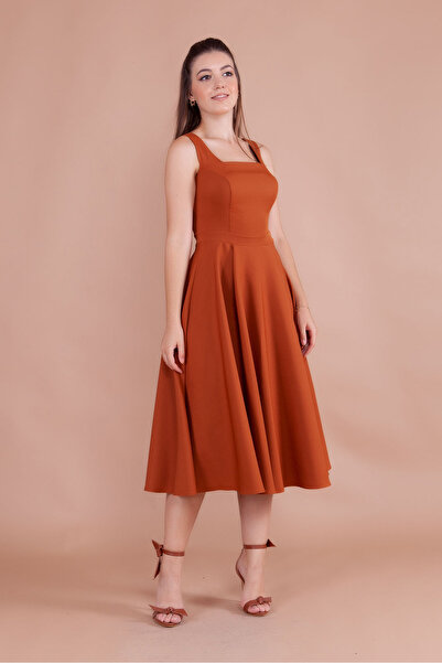 RURIS Kadın Tarçın Kare Yaka Kolsuz Midi Boy Abiye Mezuniyet Elbisesi