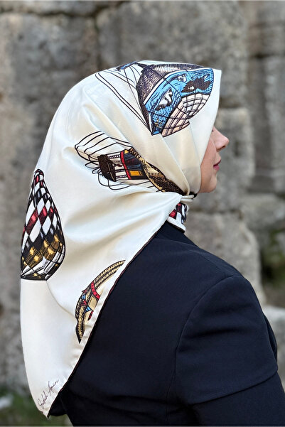 MODA Balloons Uçan Balon Desenli Bordo Krem Rengi Twill Eşarp - Sa003