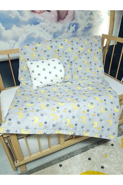 Baby Clime 5 Piece 90X130 Baby Sleeping Set - Quilt Pillow Sheet Set - Crescent Star Pattern Gray