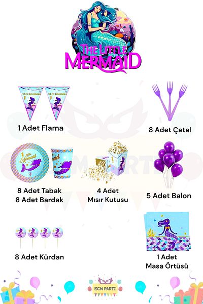 ECM PARTI Mermaid Themed Ultra Birthday Party Set for 8 People