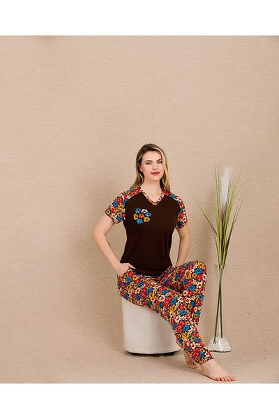 Lady Lingerie Дамски пижамен комплект с флорален принт, V-образно деколте и къс ръкав, 93% памук, 7% ликра