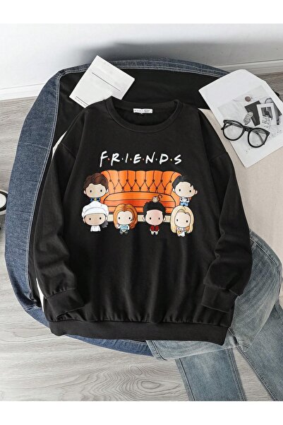 PALPİTO Unisex Siyah Friends Baskılı Bisiklet Yaka Oversize Sweatshirt