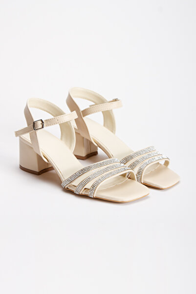 Kapriss Women's Beige Banded Stone Thick Heel Summer Shoes