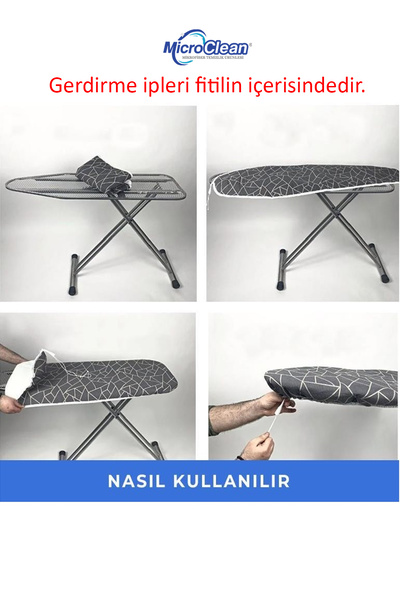 Micro Clean MissClean Ütü Masası Kılıfı Bezi Yanmaz Yapışmaz (Özel Keçeli Pamuk Kumaşlı) 50* 140 Cm-İpli