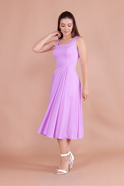 RURIS Women's Lilac Square Neck Sleeveless Midi Length Evening Dress Homecomi...
