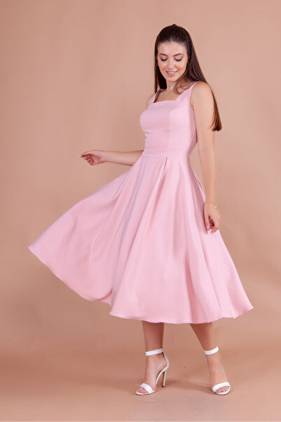 RURIS Kadın Pudra Kare Yaka Kolsuz Midi Boy Abiye Mezuniyet Elbisesi