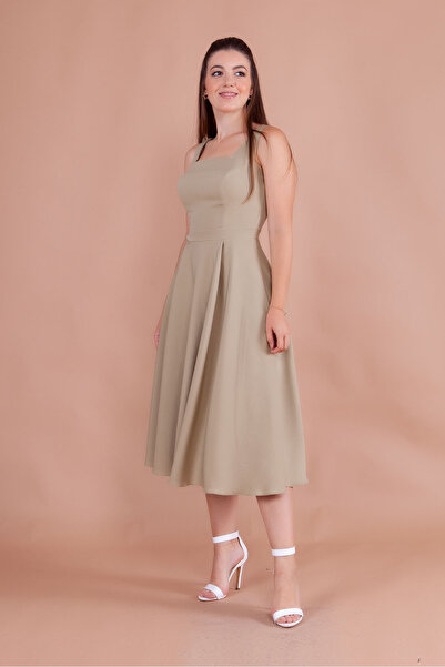 RURIS Kadın Yağ Yeşili Kare Yaka Kolsuz Midi Boy Abiye Mezuniyet Elbisesi