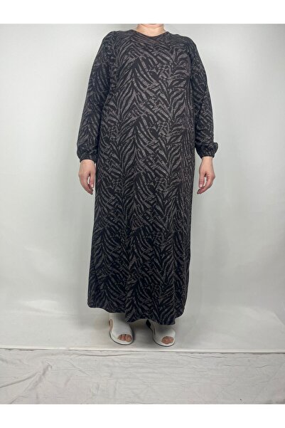 YAŞAR TRİKO Γυναικείο εποχιακό φόρεμα με καφέ σχέδιο με λαιμόκοψη V με μακρύ μανίκι και ελαστικά στον αστράγαλο