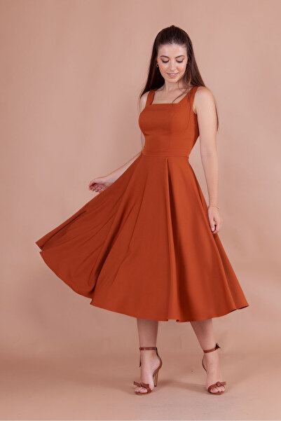 RURIS Kadın Tarçın Kare Yaka Kolsuz Midi Boy Abiye Mezuniyet Elbisesi