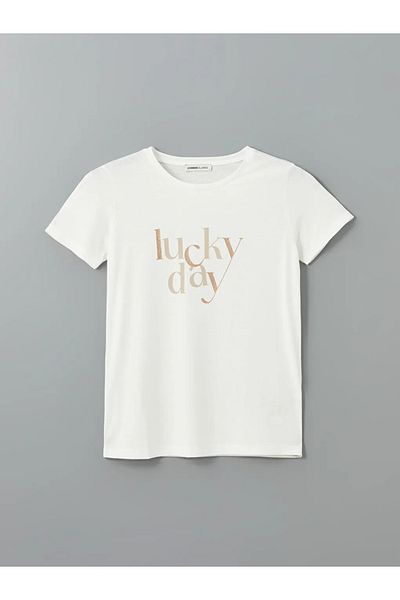 LC Waikiki Lcwaikiki Classic Ecru Crew Neck Printed Women's T-Shirt