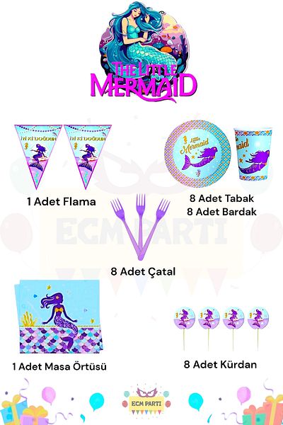 ECM PARTI Mermaid Themed Mini Birthday Party Set for 8 People