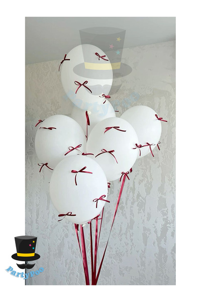 PartyPoo White Balloon Set with Burgundy Bow Ribbon 10-Piece Birthday Set Balloon with Bow, Balloon with Ribbon