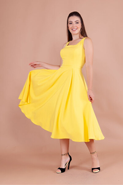 RURIS Women's Yellow Square Neck Sleeveless Midi Length Evening Dress Graduat...
